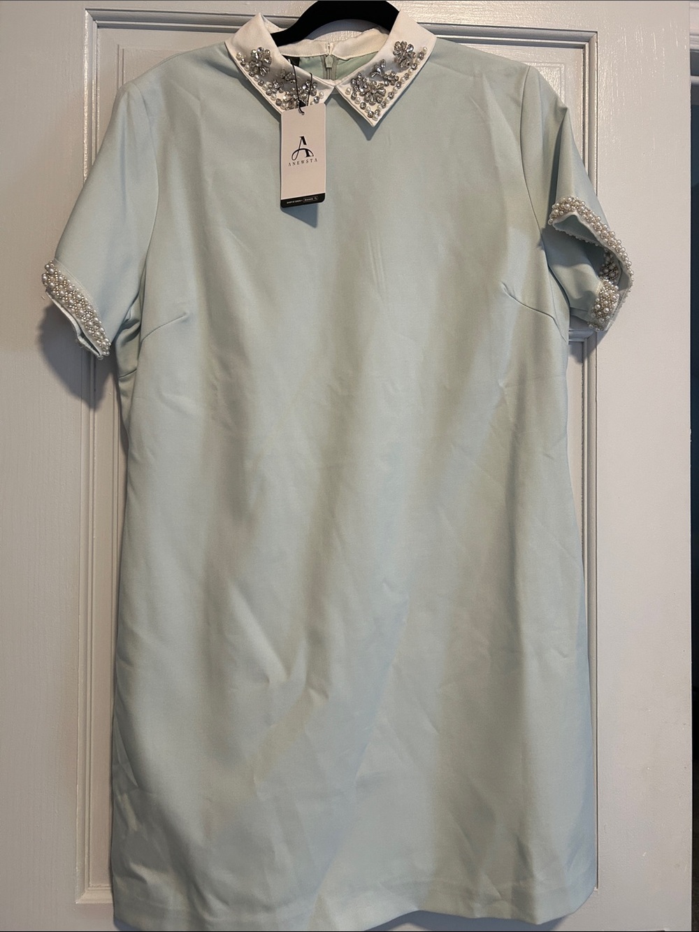 NWT Pale Blue Embellished-Collar Short Sleeve Shirt